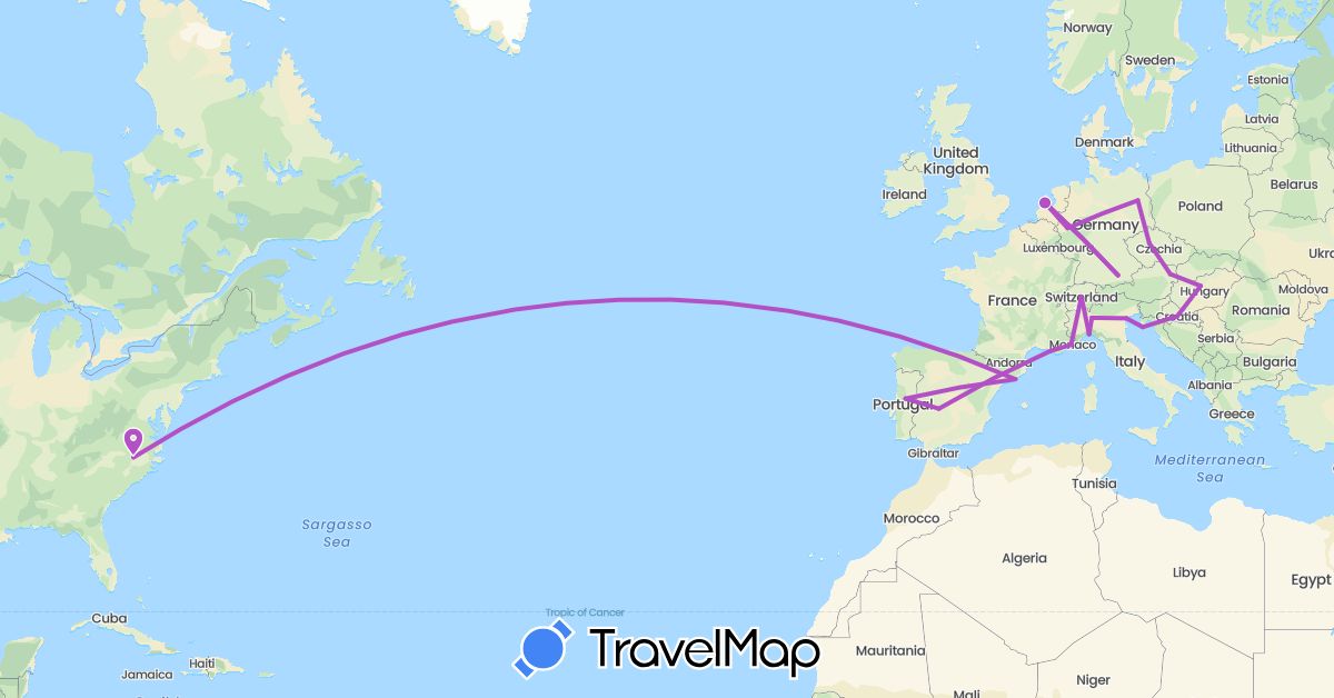 TravelMap itinerary: driving, train in Austria, Switzerland, Czech Republic, Germany, Spain, France, Croatia, Hungary, Italy, Netherlands, Portugal, United States (Europe, North America)